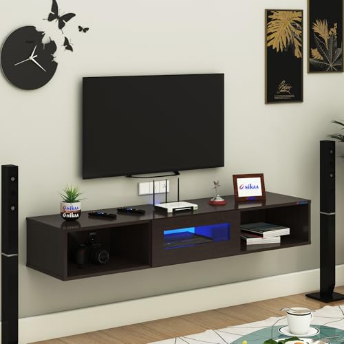 Image of Anikaa Novus Wall Mount Modern Floating TV Unit for Living Room with Open Shelf Storage Cabinet & Middle Cabinet Blue LED Light (Ideal for 32 to 55 inch TV, DIY Installation, Wenge Finish)