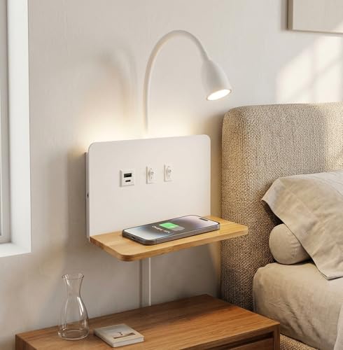 Bianco Applique da parete interno LED, Lampada da parete con Porte di Ricarica USB e Caricatore Wireless, Lampada a Muro a parete con spina e cavo, Regolabile e Flessibile Luce da Lettura Dimmerabile
