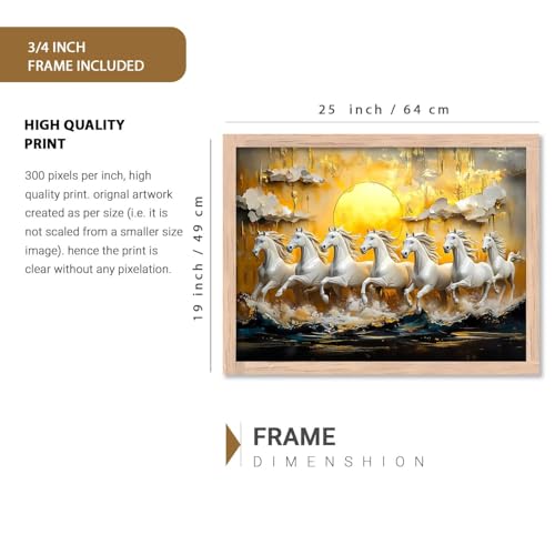 Image of HOTHOUSE 7 Horses Vastu Frame Wall Art Painting for Living Room Bedroom Office Home Decor | Seven Running Vastu Lucky Horse Rising Sun Painting Wall Decor Size (19X25 inch)