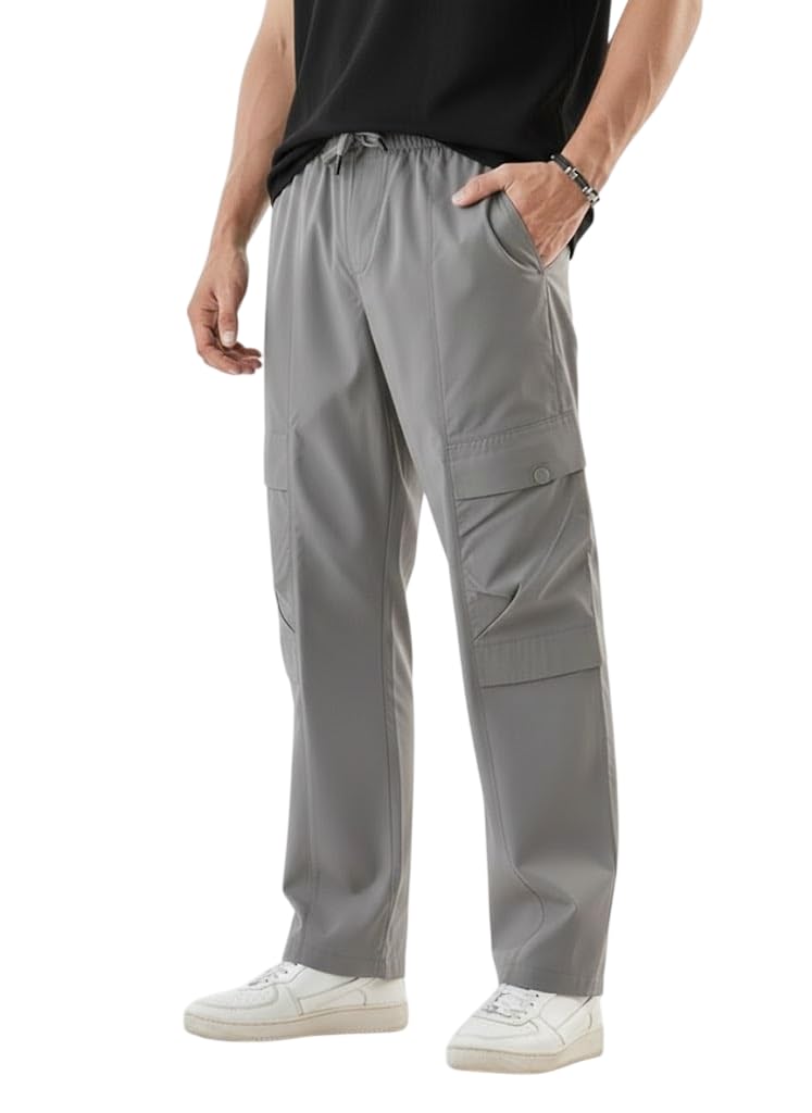 Men's Cotton Cargo Pants | Straight Fit Casual Trousers for Men with Pockets | Lightweight & Breathable Summer Pants with Elastic Waistband & Drawstring | Comfortable Lower for Mens-picture-47