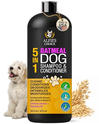 ALFIE'S CHOICE Oatmeal Dog Shampoo and Conditioner for Itchy Skin Relief | 16 fl oz | 5-in-1 Puppy Shampoo for Sensitive Skin | Cleans, Deodorizes & Detangles for All Breeds | Dog Wash Made in USA