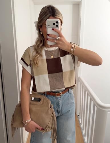 Image of ZESICA Women's Summer Trendy Knit Top 2026 Floral Print Short Sleeve Crewneck Loose Fit Sweater Vest Going Out Clothes