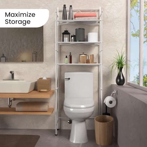 Image of Home Zone Living Over-the-Toilet Bathroom Storage Cabinet Organizer | Freestanding Steel Frame Design with 3-Tier Shelves and Adjustable Feet, White