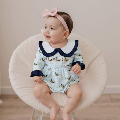 Newborn Girl Fall Outfit Mallard Duck Baby Farm Long Sleeve Doll Collar Romper Stripe Bodysuit 0-18 Months Clothes3