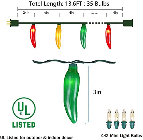 Image of Multicolor Chili Pepper String Lights Plug in, 13.6Ft Outdoor Christmas Decorations Lights with 35 LED Red Green Yellow Chili Pepper Lights for Cinco de Mayo Fiesta House Kitchen Patio Mexican Party