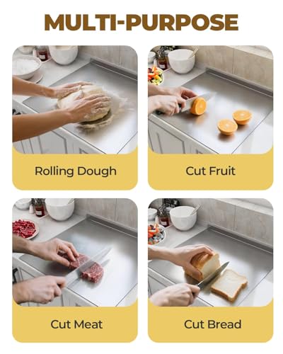 Image of Stainless Steel Chopping Board with Lip for Kitchen | Heavy Duty Cutting Board for Vegetables, Meat, Fish, Fruits | Non-Slip, Rust-Proof, Round Edges | Includes Rolling Pin