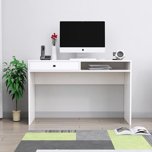 Image of Bniture Wooden Study Table for Home | Engineered Wood Study Table with Storage Shelf & Drawer | Multi Purpose Computer Desk for Writing & Study | Laptop Table for Study Room & Office | Frosty White