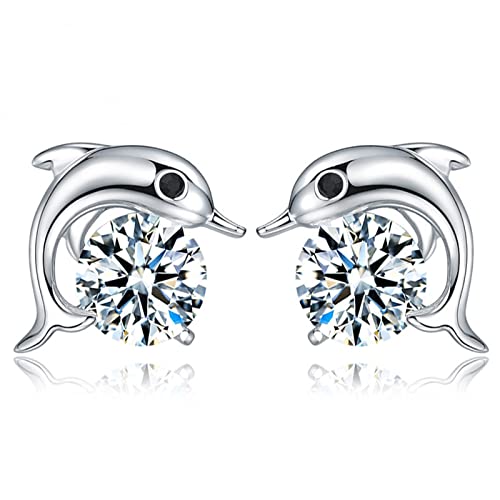 BG&WLing Dolphin Earrings for Women 925 Sterling Silver Dolphin Studs with Cubic Zirconia...