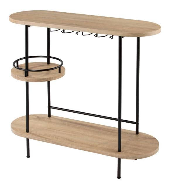 Industrial Wine and Bar Table with Glassware Storage – 38.25 in Tall Freestanding Liquor Cabinet with Metal Frame and Wood Shelves, Natural and Black Finish, Compact Wine Rack for Home Bar or Kitchen