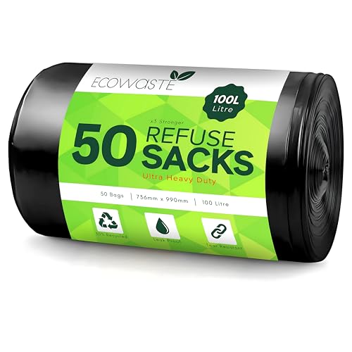 Ecowaste 50 Everyday 100L Large Bin Bags Leak-Proof Recycled Black Garbage Sacks | Heavy Duty Tear-Resistant Odour Control | Perfect for Home & Kitchen Waste Management (50 Bags)