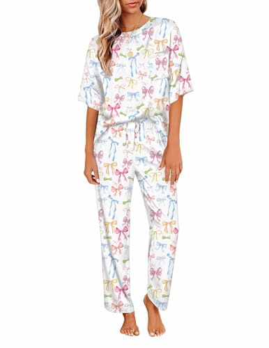 Image of Ekouaer Womens Satin Silky Pajama Set Short Sleeve Shirt with Long Pajama Pant Set Soft PJ Loungewear