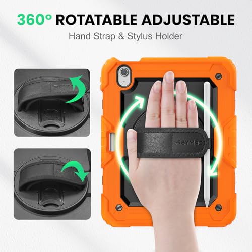 Image of SEYMAC Case for iPad Air 11 Inch M4 / M3 / M2 (2026 /2025 / 2024), Heavy Duty Shockproof Protective Case with Screen Protector, 360 Rotating Stand and Hand /Shoulder Strap, Orange