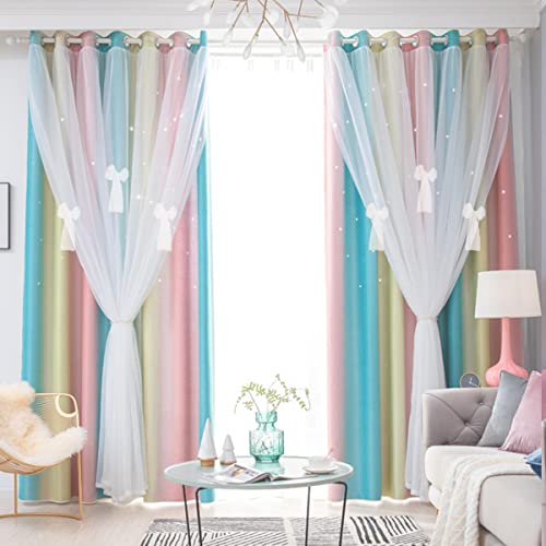 Image of Room Darkening Stars Curtains 2 Layers Drapes Elegent Room Decor Kids Curtains for Girls Bedroom Window Panels Living Room Divider 63 72 84 96 108 inches Long (Baby Pink Blue, W52 X L63)