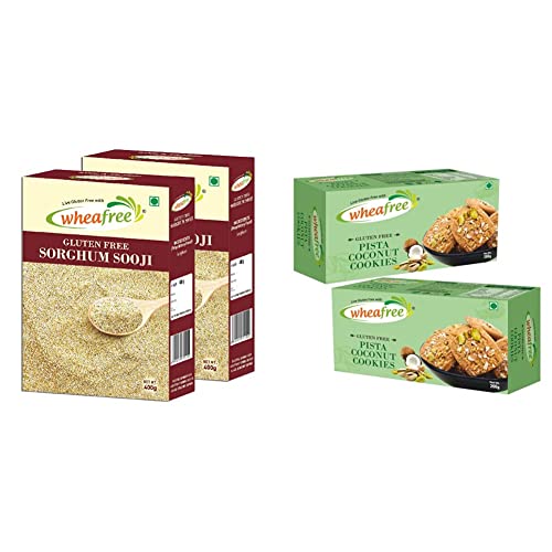 Image of Wheafree Gluten Free Sorghum Sooji (Pack of 2 x 400g Each) & Wheafree Pista Coconut Cookies - Pack of 2 (200g each) | No Maida | Best Tea Time Snacks | 100% Vegetarian and Wholesome Ingredients