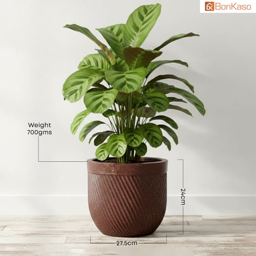 Image of Bonkaso 10 Inch Seltos Ribbed Planter for Indoor & Outdoor Use | Round Heavy Duty Polymer Flower Pot | Lightweight Weather Resistant Modern Gamla for Living Room Balcony & Terrace (Brown)