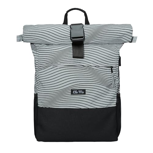 Ela Mo Rucksack Damen - Rolltop schön u. durchdacht - Laptop Rucksäcke für Frauen - Anti Diebstahl Tasche für Schule, Uni, Business (Night Edition Wave)