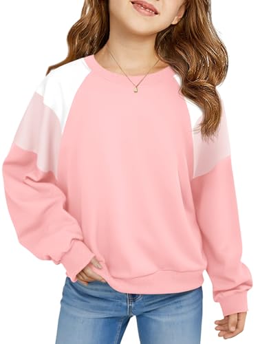 Haloumoning Girls Oversized Colorblock Sweatshirts Kids Fashion Fleece Drop Shoulder Pullover 5-14 Years Pink