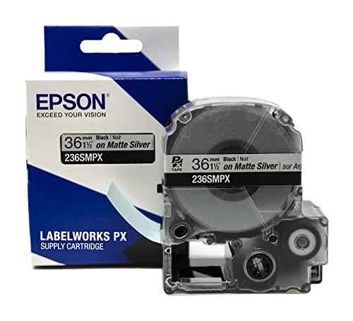 Epson LABELWORKS 236SMPX Genuine PET (Polyester) Tape Cartridge - Black on Silver Matte Label Maker Tape - 1.5" (36MM) Wide, 30'