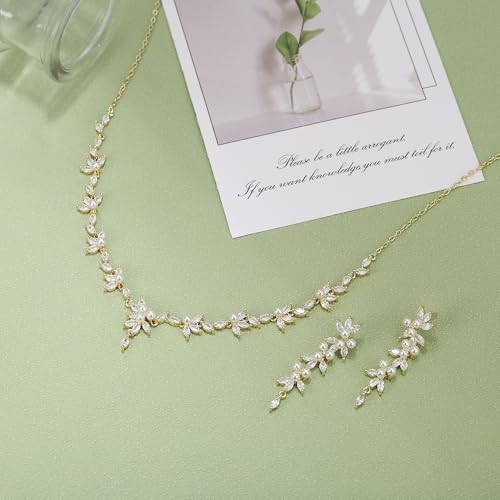 Image of White Faux Pearl Leaf Vine Bridal Cubic Zirconia Jewelry Set for Women