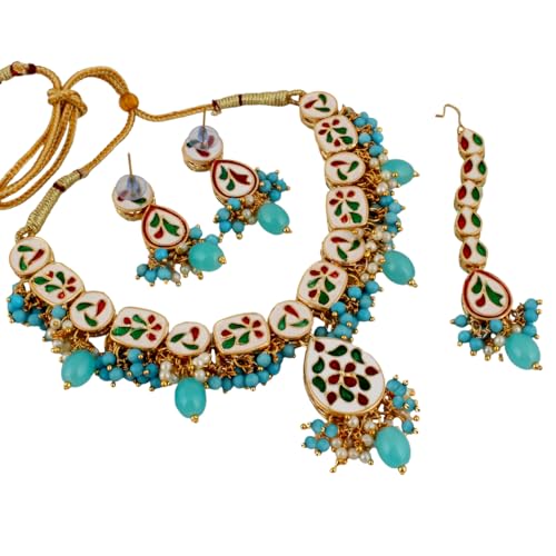 Image of Lucky Jewellery Meenakari 18k Gold Plated Tika Earring Combo Uncut Big Faux Kundan Choker Necklace set