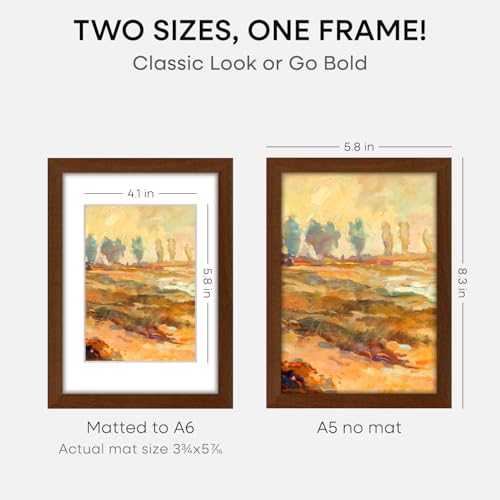 Image of Homeforia A5 Brown Oak Picture Frame, High-End Wood, A6 Mat, Glass | High End Solid Oak Wood, Tempered Glass, Acid-Free A6 Removable Mat, A5 Edge-to-Edge Display, Wall Kit, Set Of 1