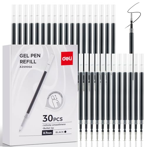 deli Gel Pen Refills, 30 Pcs Retractable Pen Refills Black Ink, Medium Point 0.7mm, Smooth Writing, Fast Dry, No Bleed for Journaling Note Taking, Home School Office Supplies