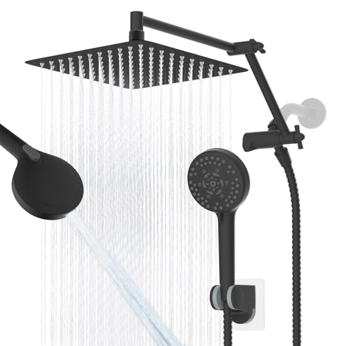 Image of Metal 10 inch Rain Shower Head with Handheld, High-Pressure Showerhead,10-Mode | Black, Rainfall Shower Head with 5 inch Large Handheld Spray, Adjustable 16 inch Shower Extension Arm /71 inch Hose, Brass 3-Way Diverter