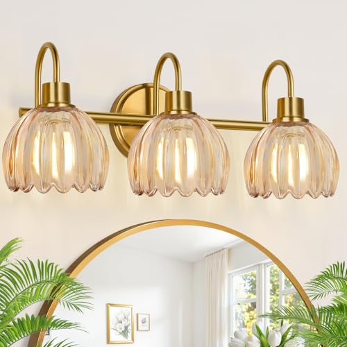 Meybiok Bathroom Light Fixtures 3-Light Brushed Gold Vanity Lights for Bathroom with Ribbed Amber Tulip Glass Shade 20 in Bathroom Vanity Lights Over Mirror for Bedroom Living Room Hallway
