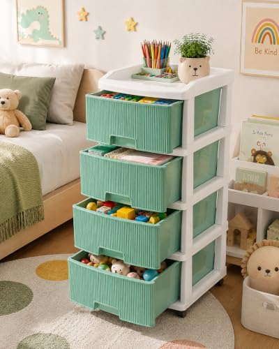 Image of Chest of Modular Drawers- use as many drawers required, Smart storage & Strong built, Easy to assemble, wheels for mobility, sturdy for daily use (Green linear-4)