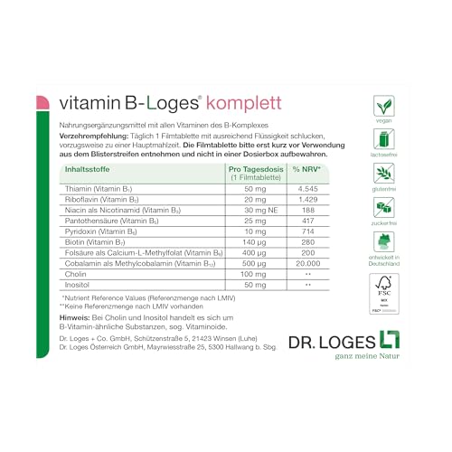 vitamin B-Loges® komplett - 60 Filmtabletten - Nahrungsergänzungsmittel mit allen Vitaminen des B-Komplexes