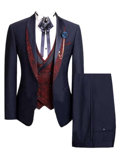 Ulnomio Men's 3-Piece Set Suit Wedding Banquet Dinner Groom Tuxedos Jacket with Jacquard Vest