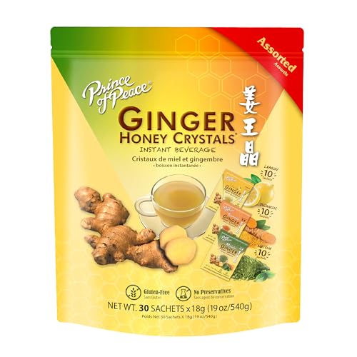 Prince of Peace Instant Ginger Honey Crystals Assorted, 30 Sachets – Instant Hot or Cold Beverage that Soothes Throat – Easy to Brew – Drink Like a Tea – Gluten Free – Real Ginger
