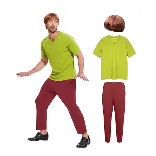 Halloween Zotteliges Kostüm Für Erwachsene und Herren Kostüm Einer Klassischen Filmfigur Grünes Kurzarm T-Shirt und Braune Hose Outfit mit Perücke (2XL)