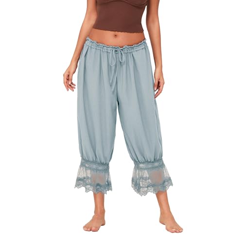 SOLILOQUY Women Y2K Half Slip Pettipants Mid Rise Lace Patchwork Bloomers Trousers Ruffle Pantaloons Cropped Flared Pants