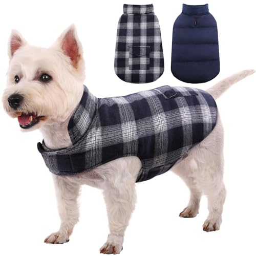 Kuoser Dog Winter Coat, Reversible Dog Jacket, Warm Doggie Coat British Style Puppy Cold Weather Vest, Windproof Pet Clothes Vest for Small Dogs, Blue S S (Chest Girth: 13.8-17.3'') Blue