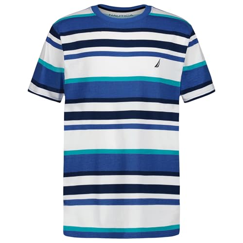 Listado de Ropa de Náutica para Niño Top 10. 36 Nautica - Playera de Manga Corta con Cuello Redondo para niño, Suave, cómoda, Ajuste Relajado, Preppy Stripe Delft, 14-16