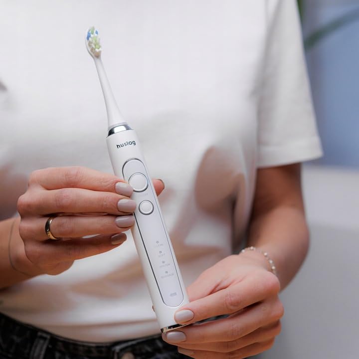 Huslog Elektrische Zahnbürste, 4 Reinigungsmodi, Ladestation, Etui, 2 Bürstenköpfe, Weiß – Bild 3