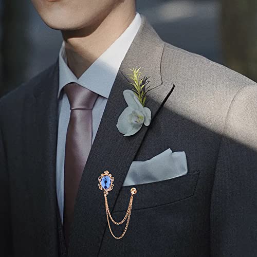 Image of Vintage Gemstone Chain Brooch Pin,Rhinestone Long Chain Tassel Suit Pin Zircon Oval Gem Lapel Pin Jewelry for Women Men