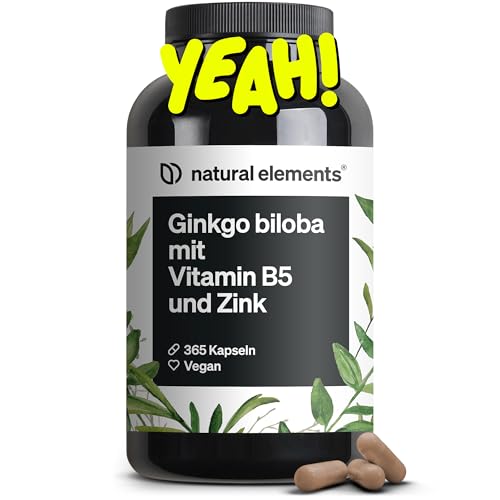 natural elements Ginkgo biloba – optimal dosiert mit 3750mg pro Kapsel (50:1 Extrakt) – 365 Kapseln – mit Vitamin B5 & Zink – vegan, ohne unnötige Zusätze – in Deutschland produziert & laborgeprüft