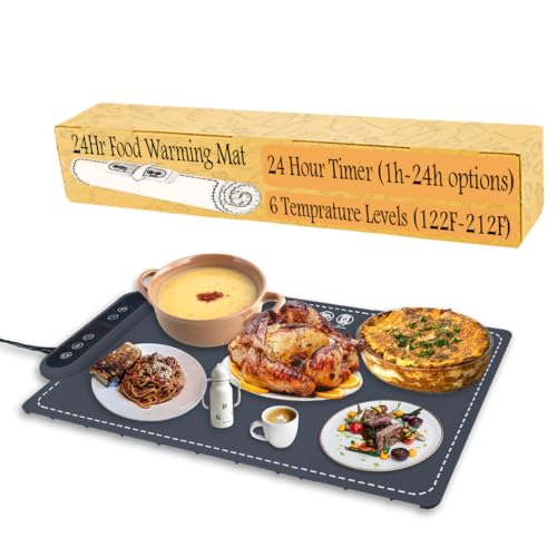 Food Warming Mat - Fast Heating Silicone Electric Warming Tray with 6 Level Temperature, 1-24Hr Options, Premium Silicone Nano-Material, Rollable & Portable Food Warmer for Parties Home Travel