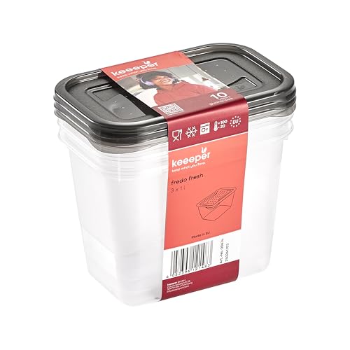 keeeper Fredo Set de 3 cajas con tapa para alimentos, 3 x 1 L, Gris cristal (Transparente)