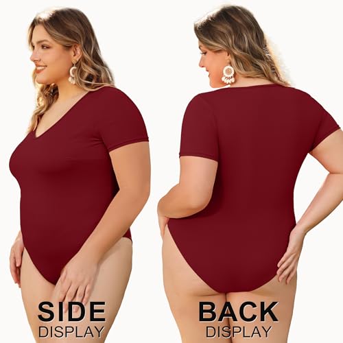 Image of COOTRY Plus Size Short Sleeve Bodysuits for Women V Neck Body Suit Tops Basic One Piece Bodysuit T Shirt