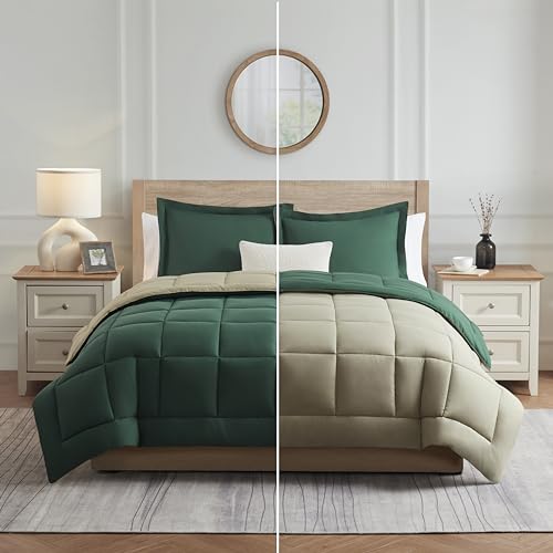 Image of Nestl 3 Piece Quilted Down Alternative Comforter Oversized King Size with 2 Pillow Shams, All Season Green /Light Green Duvet Inserts with Corner Tabs