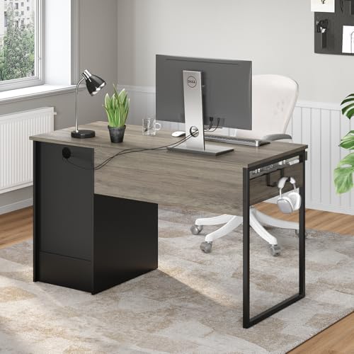 Image of Bestier 48 inch Computer Desk with Drawers, Office Desk with Storage, Industrial Wood Writing Desk with File Drawer, Keyboard Tray & 2 Hooks for Home Office & Studio, Gray