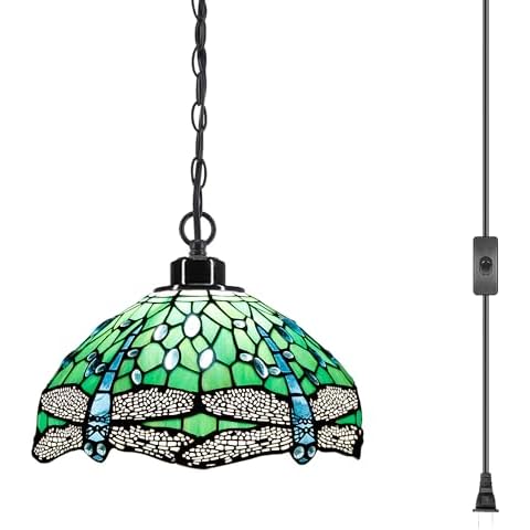 ZJART Tiffany Pendant Light Plug in Stained Glass Swag Lamp 12X12X181 Inch Hanging Lamp (Green Dragonfly for Dining Room Living Room Cover