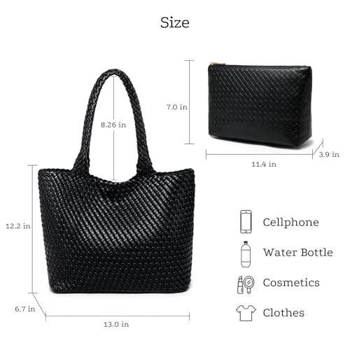 Woven Tote Bag for women,Vegan Leather Woven Handbag, Shoulder bag with Pouch, fits13-14” laptops3
