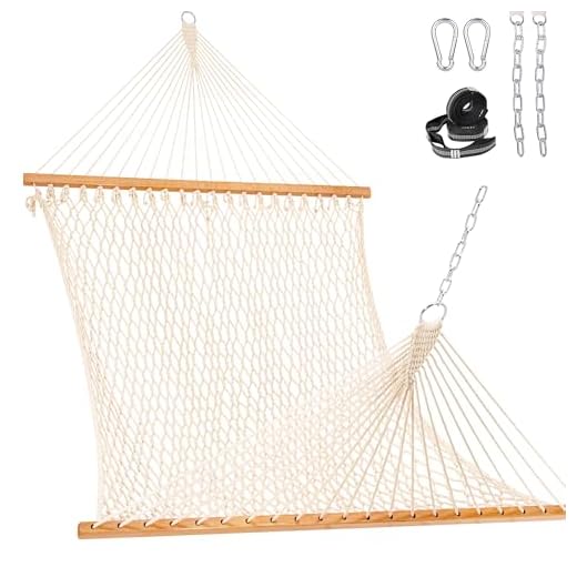 Lazy Daze Hammocks Double Rope Hammock, 2 Person Traditional Outdoor Hand Woven Cotton Rope Hammock with Spreader Bar, Chains, Tree Straps for Patio Yard - Max 450 Lbs, Natural