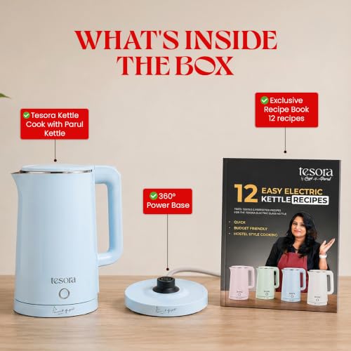 Image of Tesora by Cook with Parul Electric Kettle, 1.8L, 12 Recipes Book Included, 1500W, 100% Stainless Steel Inner Body, Auto Shut-Off, Boil-Dry & Overheat Protection, Cool Touch Double Wall (Blue)