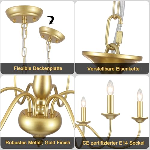 Lustre doré en métal de qualité supérieure style rétro chic à 6 douilles E14 - 7