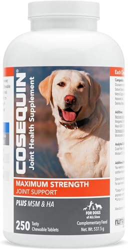 Nutramax - COSEQUIN Joint Health Supplement for Dogs, Maximum Strength - Joint Support - with Glucosamine and Chondroitin, MSM, and Hyaluronic Acid - for Dogs, 250 Chewable Tablets
